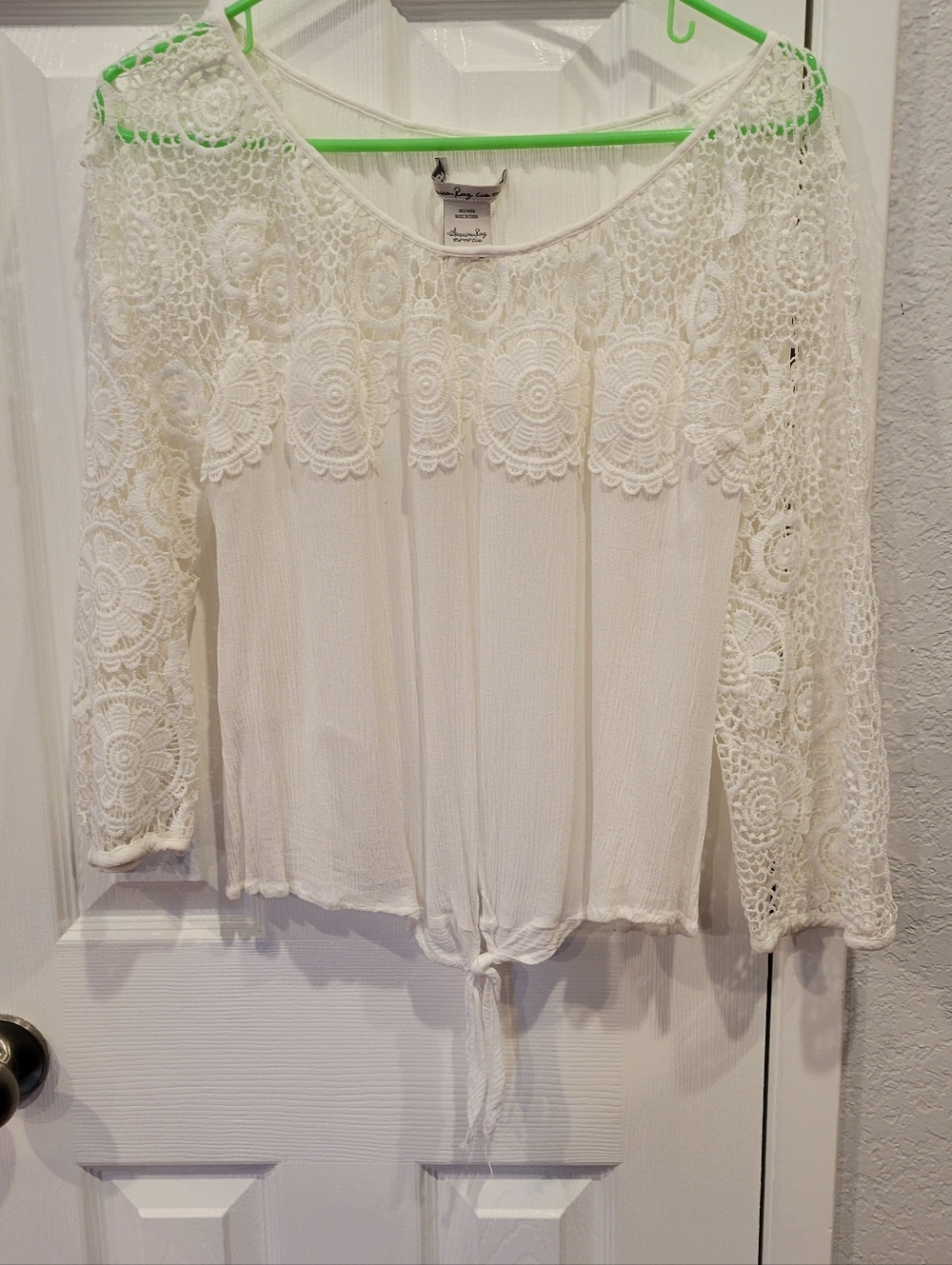 American Rag Cream Crochet Lace Tie-Front Peasant Top
